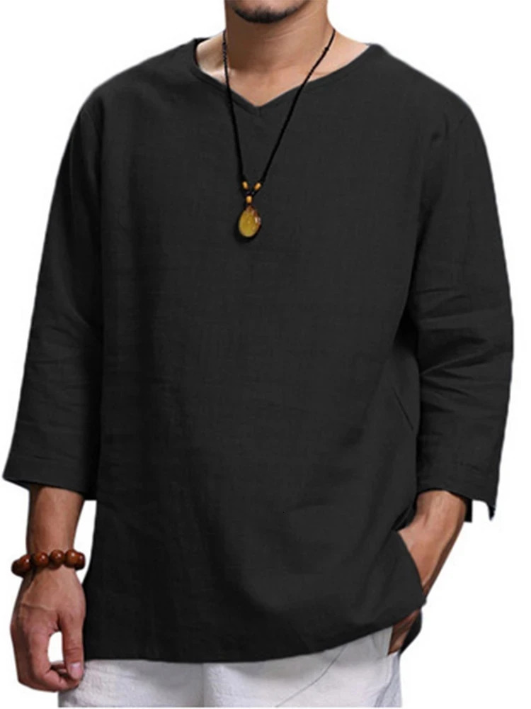 Cotton Linen Mens Long-Sleeved Shirts Summer Solid Color Stand-Up Collar Casual Beach Style Plus Size Linen Man Tops 240717