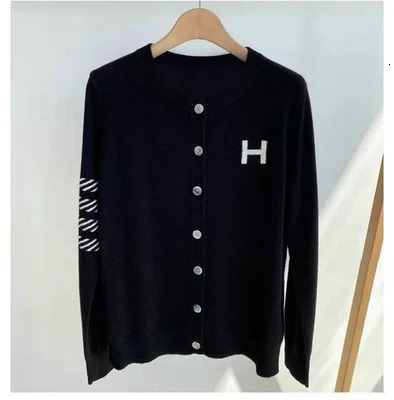 Europe station cashmere cardigan womens loose H-letter jacquard thin knitted jacket sweater slim round neck sweater 240717
