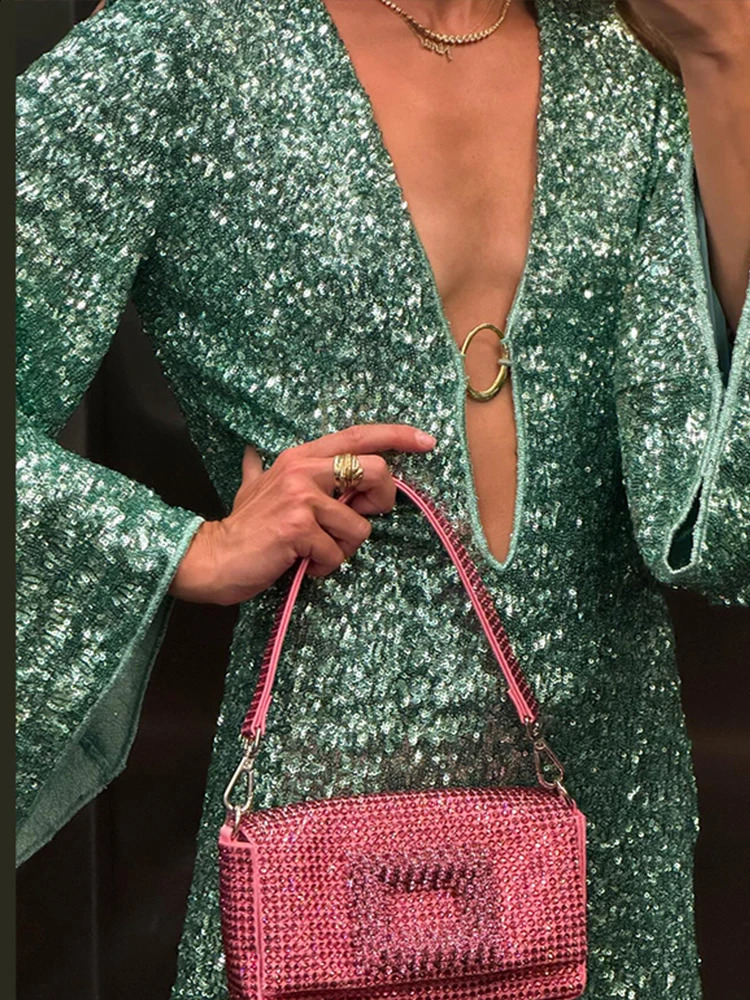 Sequins Hollow Out Mini Dress Women Sexy Long Flare Sleeve Deep Vneck Dresses Female Fashion Evening Party Lady Vestidos 240712