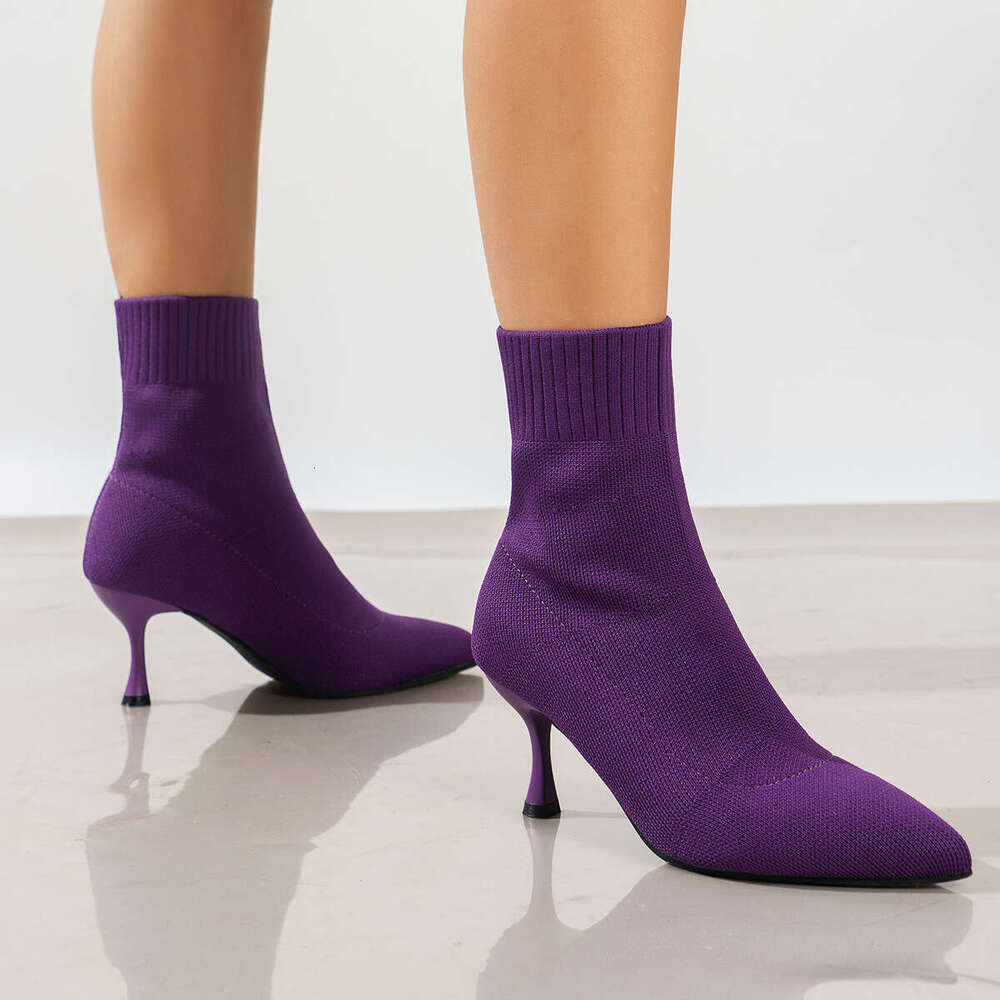 Large size slim high short knitted autumn and winter single pointed thin heels shoes women's boots