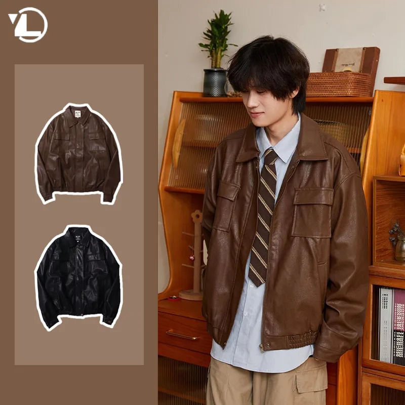 Japanese Mens Leather Jacket Harajuku Retro Motorcycle Loose Couple Coat Big Pocket Lapel Bomber Outwear Y2k Trend 240716