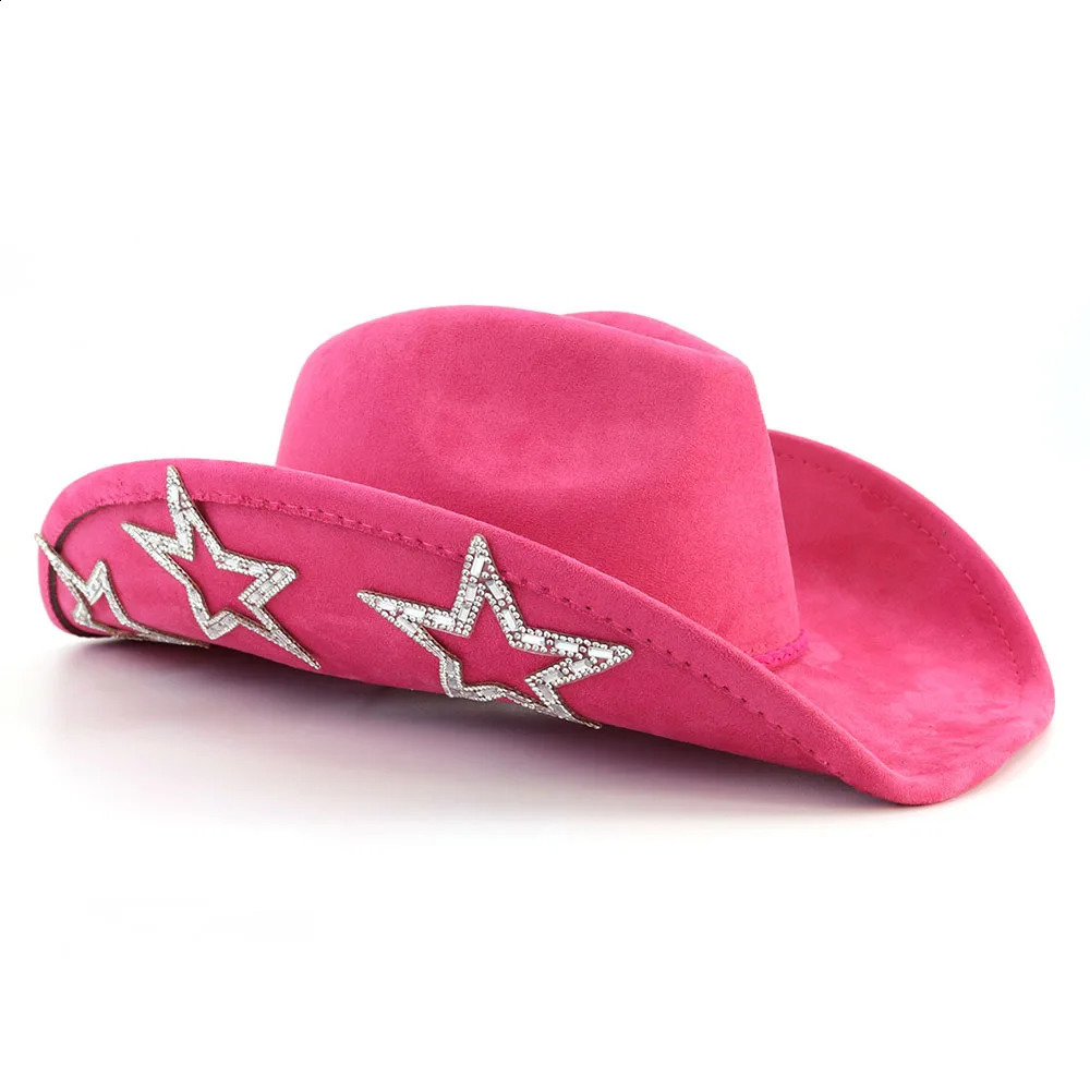Suede Top Hat Fascinator Roll Brim Jazz Fedora Hat Men Women Rhinestone Five-Pointed Star Western Pink Cowboy Hat Cowgirl Cap 240717
