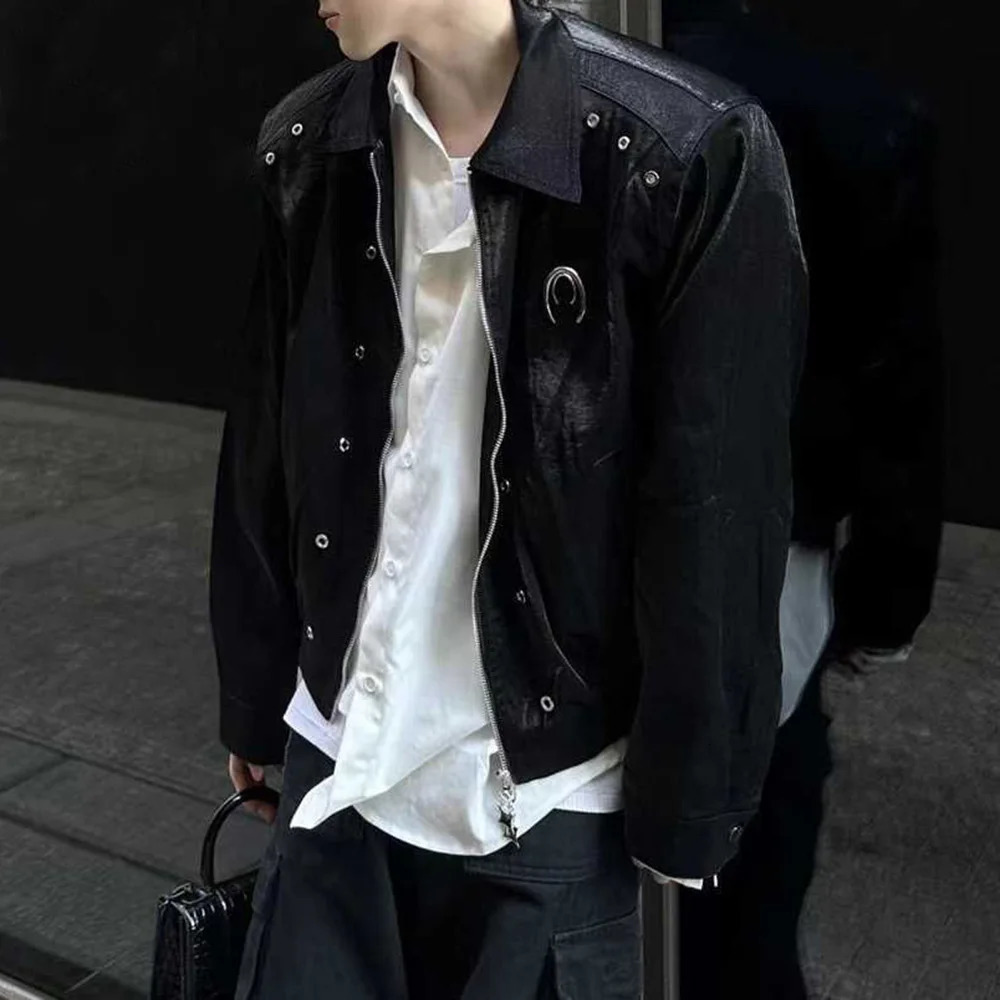 Mens Leather Outerwear Y2k Clothes Trend Streetwear Faux Leather Glossy Long Sleeve Jackets Motorcycle Zipper Short Tops Coat 240716