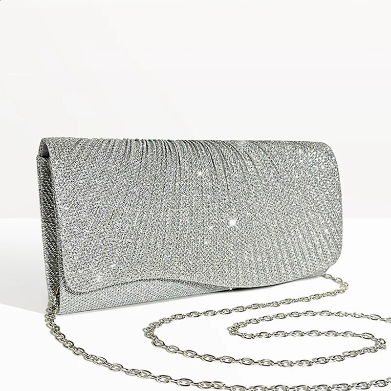 Women Fold Glitter Handbag Shiny Envelope Evening Bag Ladies Pleated Silver Clutch Chain Wedding Party Mini Long Purse XA12ZD 240722
