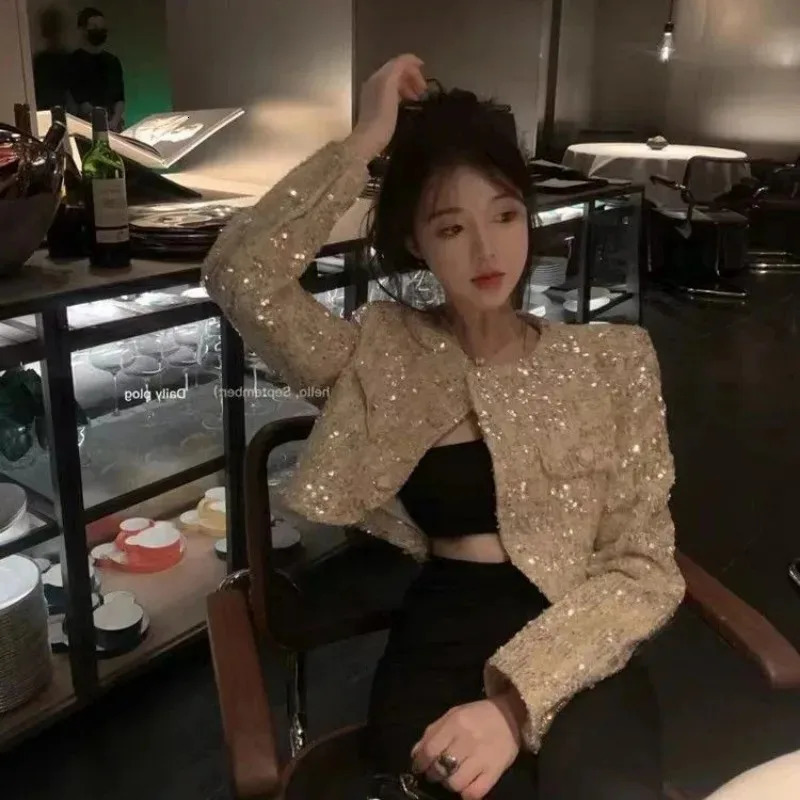 Temperament Sequin Coarse Tweed Jacket Women Korean Fashion Round Neck Single Breasted Celebrity Spring Chic Gentle Sweet Coat 240712