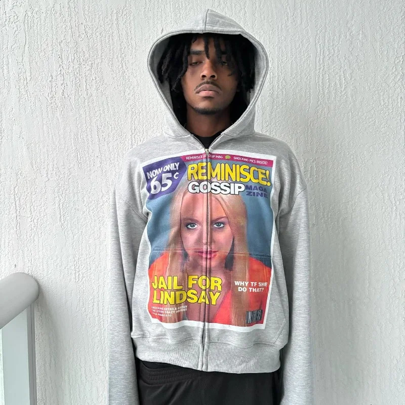 American Retro Gothic Print Pattern Oversized Hoodie Mens Y2K Streetwear Hip Hop Harajuku Casual Zipper Sweatshirt Couple Style 240906
