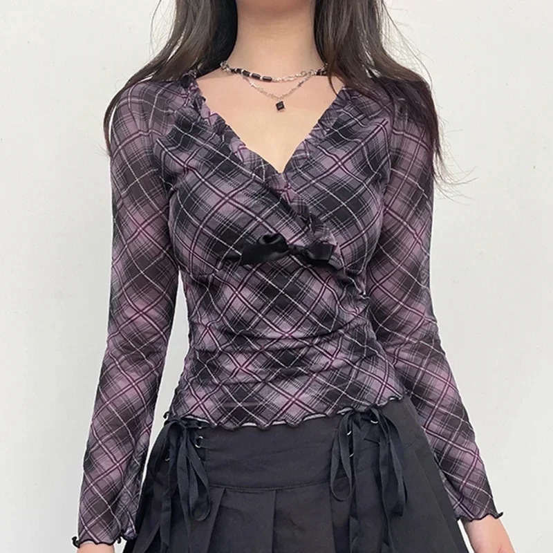 Pink Stripe Plaid Mesh Y2K T-Shirts Women Frills Trim V Neck Bow Japanese Kawaii 2000s Clothes Slim Long Sleeve Tees 240717