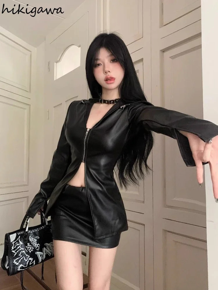 Temperament Black Coat Women Clothing Tunic Long Sleeve Zipper Y2k Tops Ropa Mujer Fashion Casual Leather PU Jackets 27r353 240717