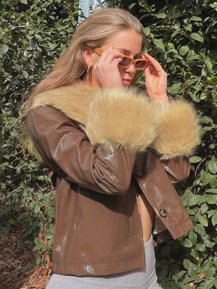 Rockmore Fur Collar Leather Jackets for Woman Autumn Winter Windproof PU Coats Fashion Streetwear Button Up Jacket Y2K Vintage 240717