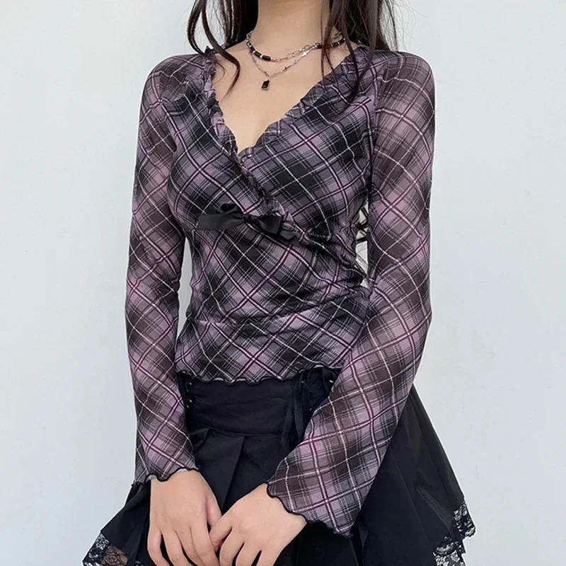 Pink Stripe Plaid Mesh Y2K T-Shirts Women Frills Trim V Neck Bow Japanese Kawaii 2000s Clothes Slim Long Sleeve Tees 240717