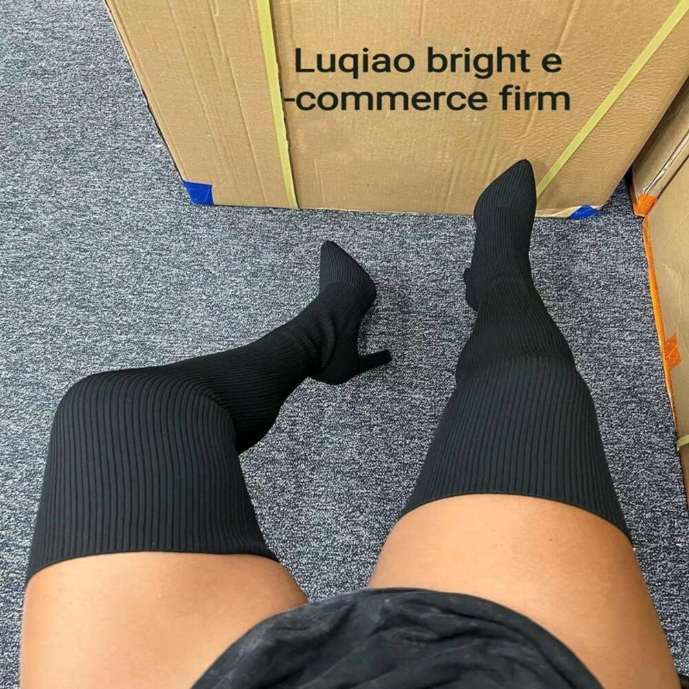 Pointed thick heeled knitted breathable knee for women's oversized elastic woolen socks and long boots
