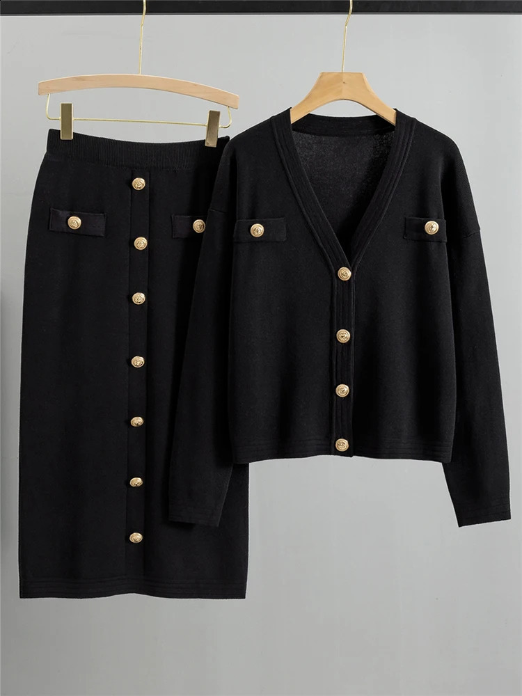 Office Slim Sweater Cardigan Skirts Sets Women Single Breasted Short Knit Tops Coats Suits High Waist Bodycon faldas Conjunto 240712