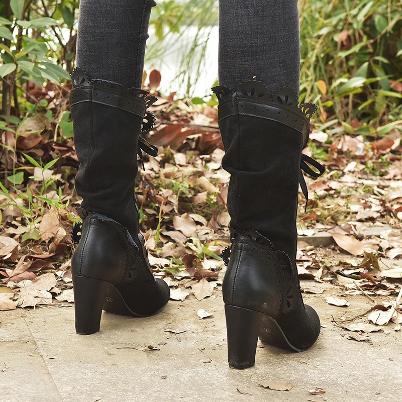 Women Lace Womens High Heel Middle Tube Boots Botas Zapatos Mujer Retro Leather Winter Shoes Booties Cowboy Botas Mujer 240719