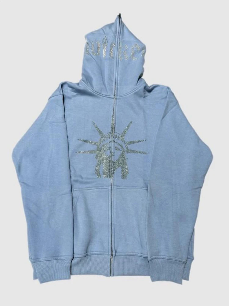 Y2K Creative pattern Rhinestone Hoodies Women Men Gothic Zip Up Oversized Sweatshirts Retro Harajuku Hooded Jacket Streetwear 240722