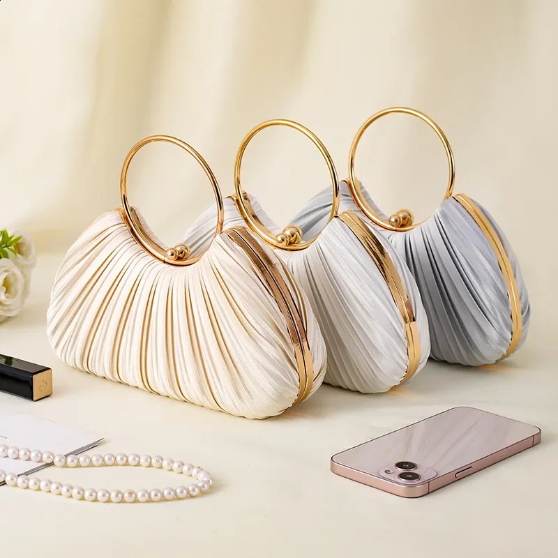Pleated Evening Handbag Women Top Handle Glitter Day Clutch Ladies Wedding Dinner Dress Clip Bag Diamond Party Purse Gold Colour 240722