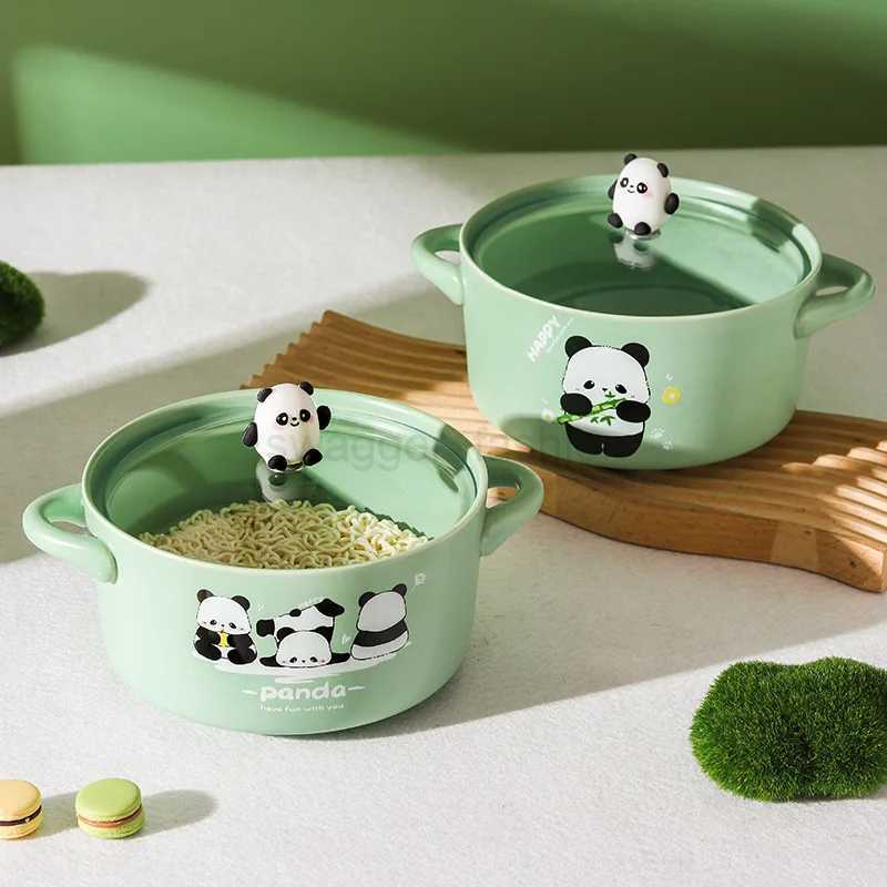 Panda Ceramic Bowl 800ml Covered Lamian Noodles Bowl Lovely Panda Instant Noodle Bowl Covered Double Ear Rice Bowl Soup Bowl SetB270723