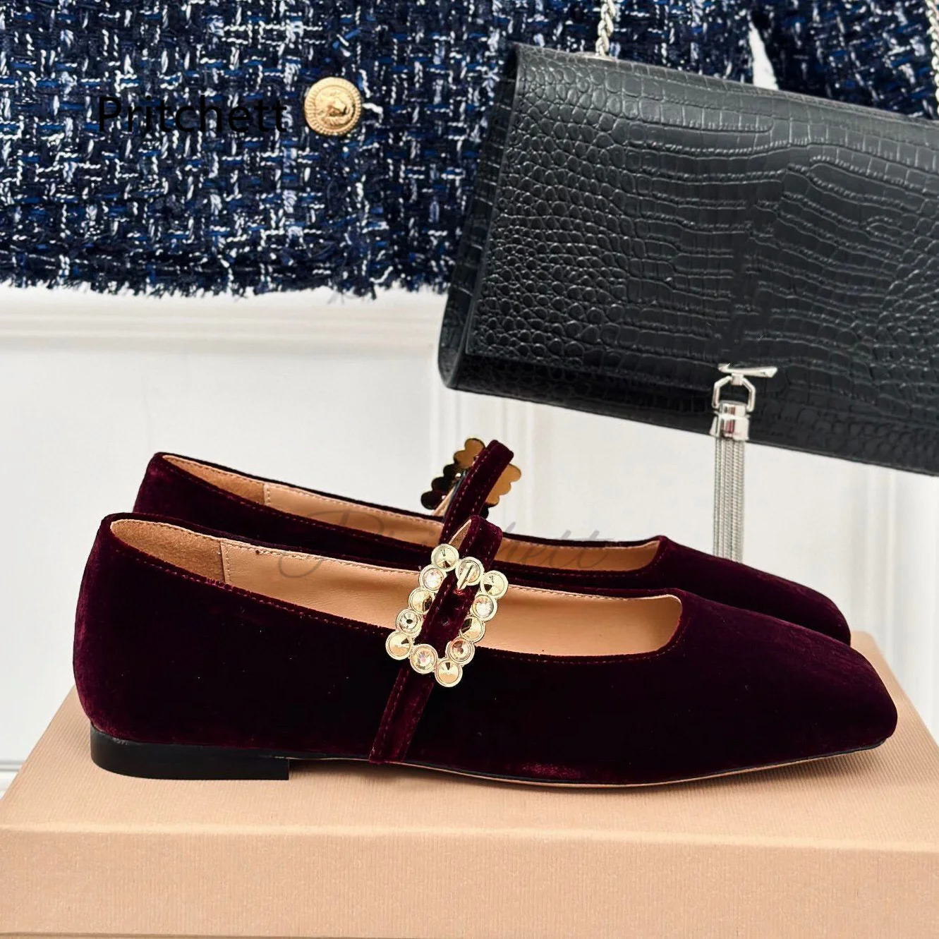 Rhinestone Square Buckle Ballet Flats Women Toe Velet Mary Janes Single Shoe Flat Casual Womens Shoes Daily In 240718