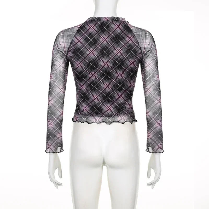 Pink Stripe Plaid Mesh Y2K T-Shirts Women Frills Trim V Neck Bow Japanese Kawaii 2000s Clothes Slim Long Sleeve Tees 240717