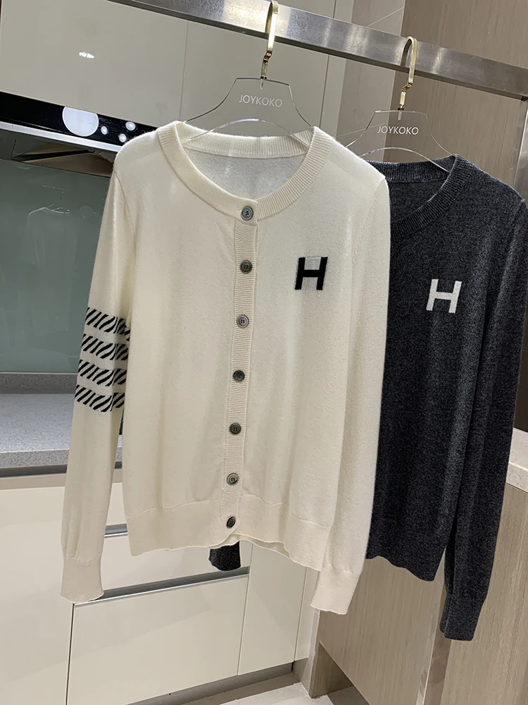 Europe station cashmere cardigan womens loose H-letter jacquard thin knitted jacket sweater slim round neck sweater 240717