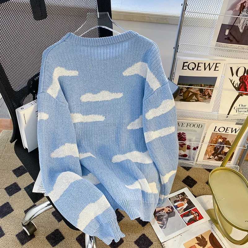 Lazy Style Clouds Print Men Long Sleeve Sweaters Japan Style Fashion Harajuku Simple Oversized Knitted Couple Clothes Blue Navy Z240912