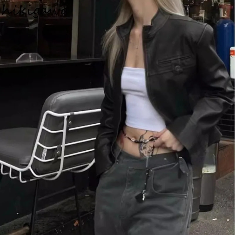 Streetwear Punk Jackets Women Clothing Stand Neck Long Sleeve Crop Tops Fashion Vintage Leather PU Casual Solid Color Y2k Coat 240717
