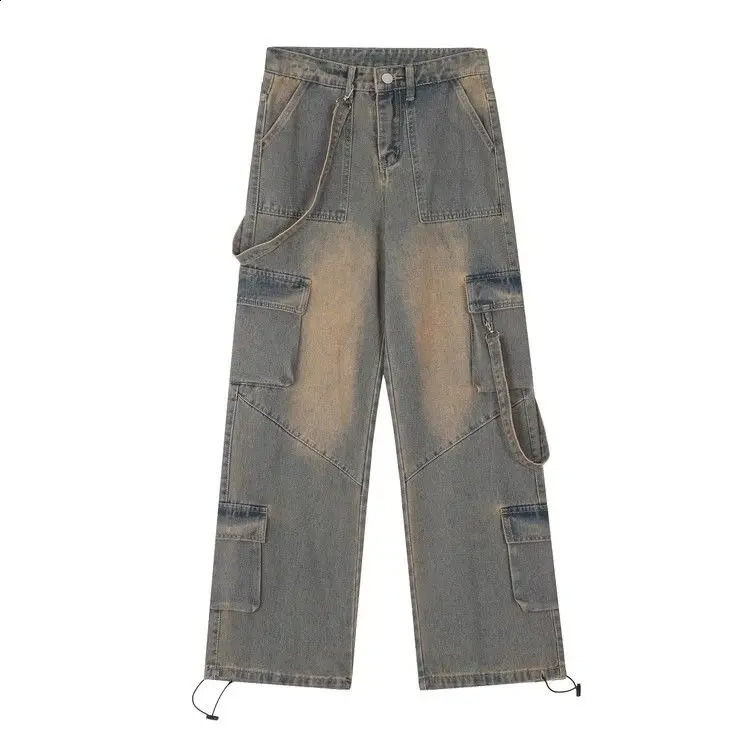 American hip-hop personalized retro washed workwear jeans for men and women loose straight leg wide leg retro casual pants y2k 240722