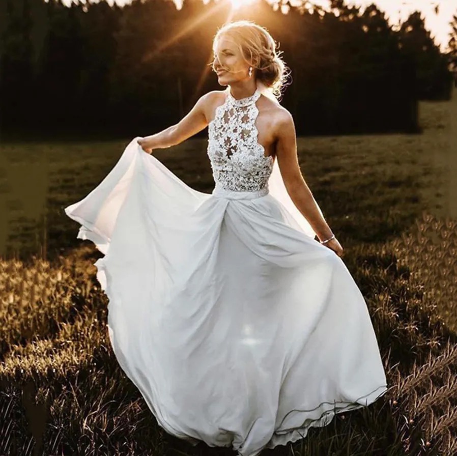 White Wedding Dresses Ivory Bridal Gowns Formal A Line Custom Zipper Lace Up Plus Size New Applique High Neck Sleeveless Chiffon Pleat