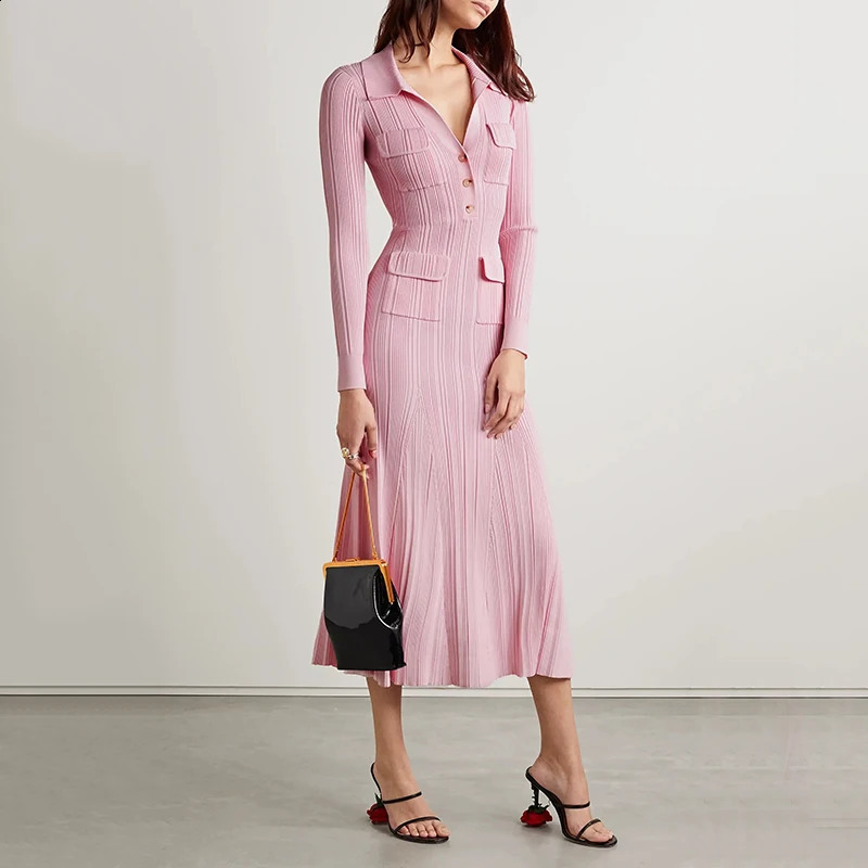 Womens pink knitted medium-length dress senior sense of fashion temperament polo collar waist-skimming long dress 240722