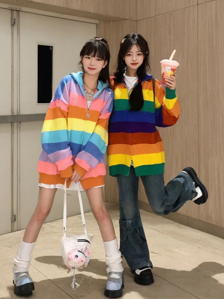 Colorful Cardigan Women Autumn Baggy Stand Collar American Style sweet Schoolgirl Daily Versatile Fashion Comfortable Chic 240717