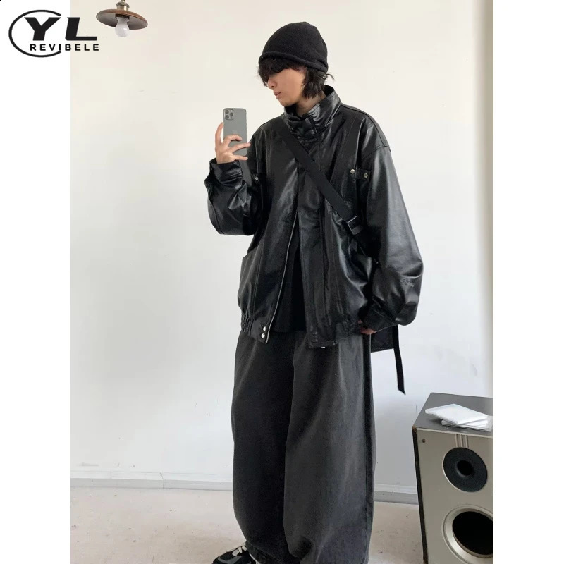 Street Stand Collar Pilot Jacket Men Vintage Pu Leather Motorcycle Jackets Loose Windbreak Coats Woman Oversized Bomber Outwear 240722
