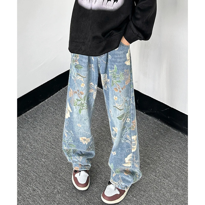NOYMEI Mens Spring Trousers Wide Leg Pants Denim Trendy Simple Printing Straight Jean High Street All-match WA4104 240716