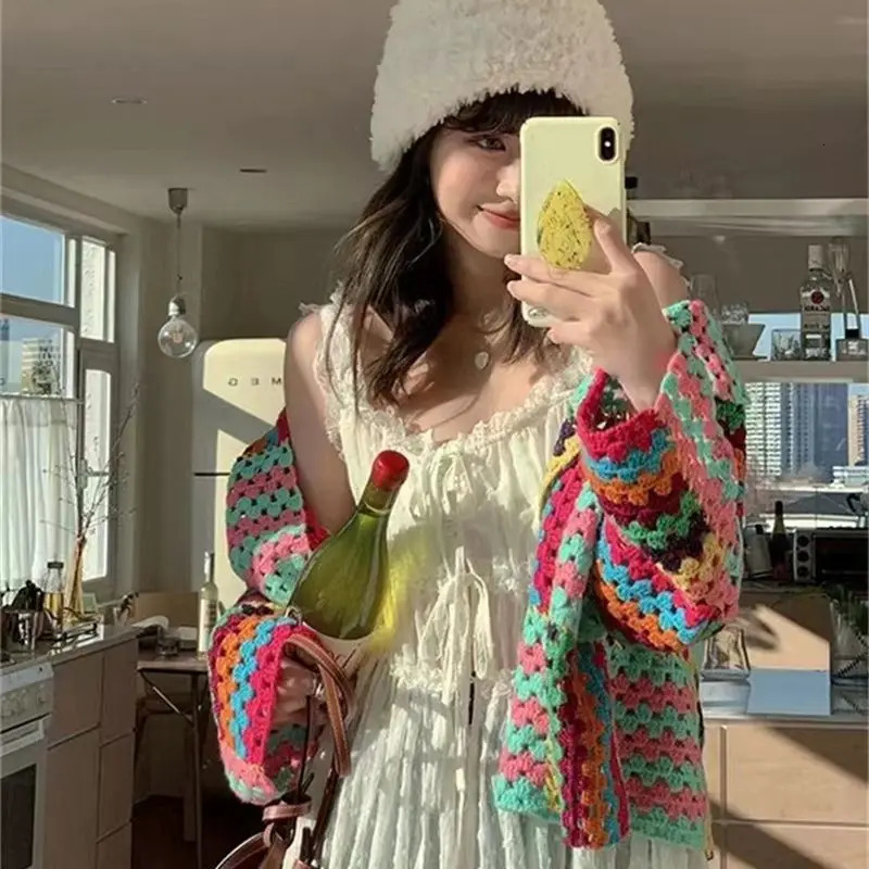 Colorful Knit Stitch Hollow Out Cardigan Oversize Women Open Front Long Sleeve Bohemian Sweater Fall Streetwear Coats T310 240717