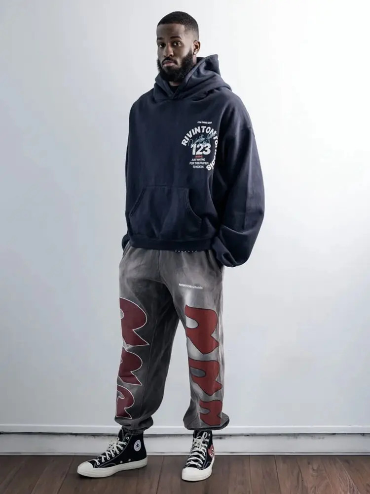 Yao888 RRR1123 Fashion 100% Cotton Vintage Washed Pants Sport Loose Drawstring Print Streetwear Trousers Sweatpants For Men 240716