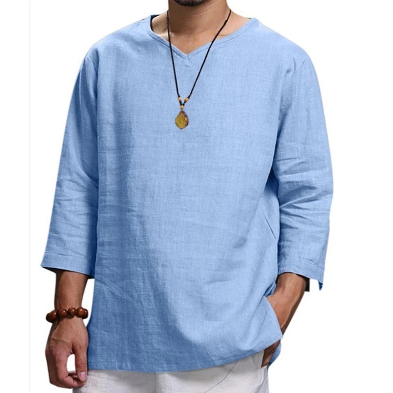 Cotton Linen Mens Long-Sleeved Shirts Summer Solid Color Stand-Up Collar Casual Beach Style Plus Size Linen Man Tops 240717
