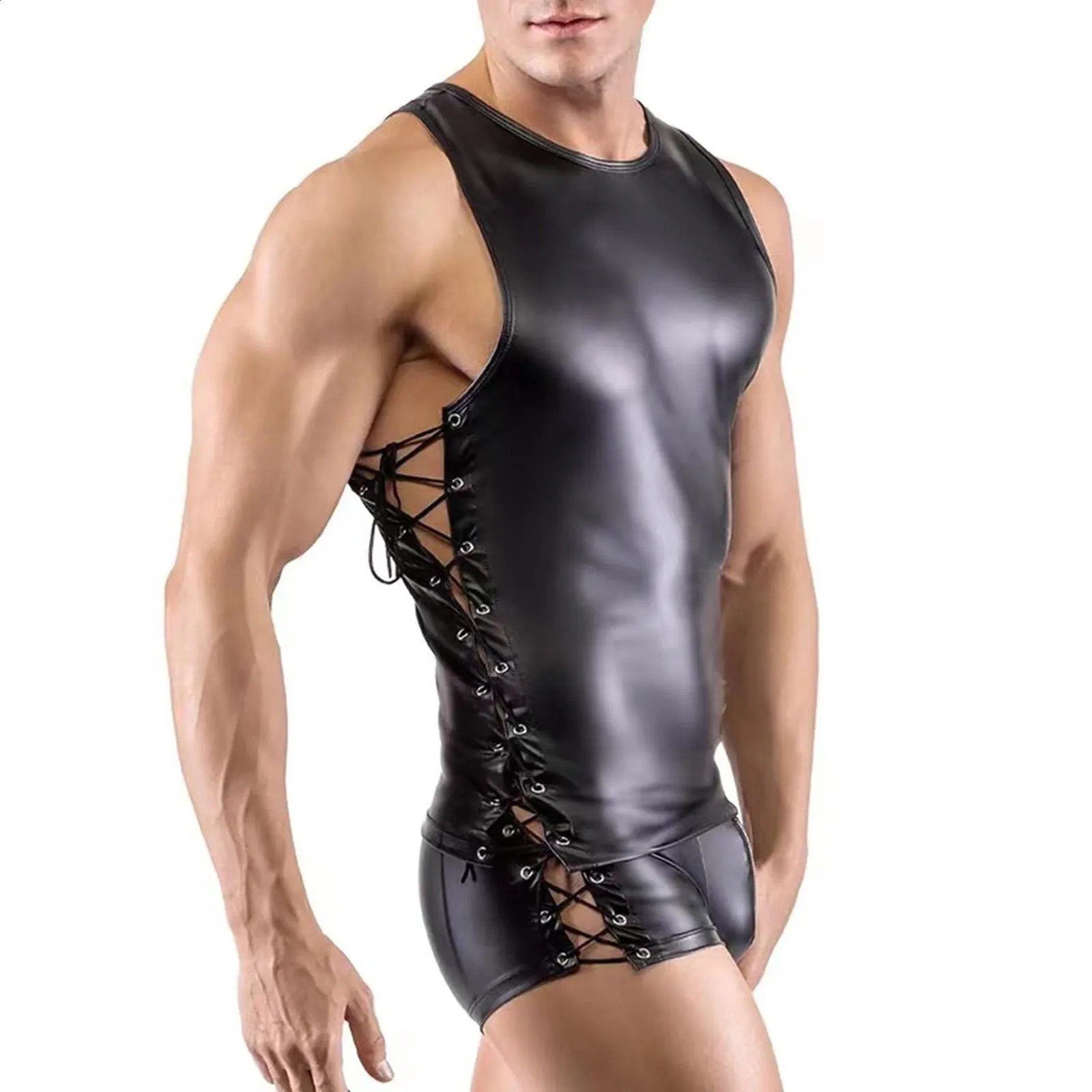 Mens Sexy Pu Leather Bodysuit With Zipper Panties Man Jumpsuit Clubwear Leotard Exotic Lingerie Gay Clubw 240711