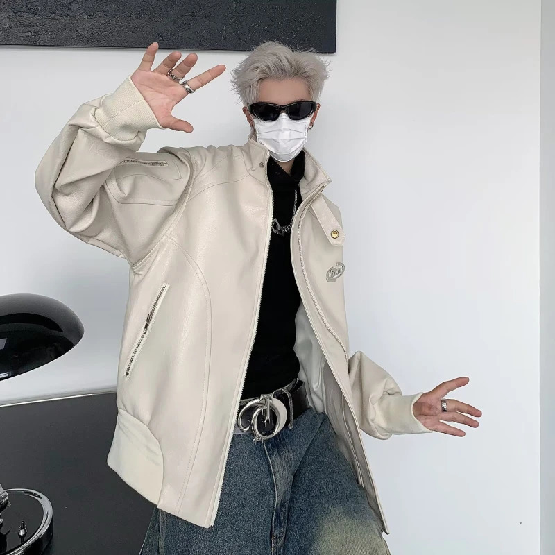 Punk Leather Jacket Mens Spring Standing Collar Trendy High Street Coats Y2k Streetwear Hip Hop Motorcycle Outwear 240716
