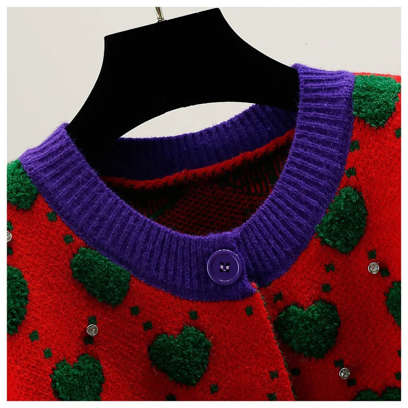 Embroidery Sweater Autumn Winter Heavy Industry Nail Bead Love Jacquard Color Block Bubble Sleeve Sweater for Womens Cardigan 240717