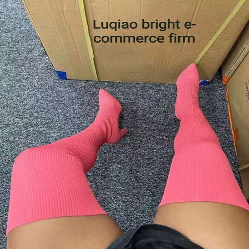 Pointed thick heeled knitted breathable knee for women's oversized elastic woolen socks and long boots