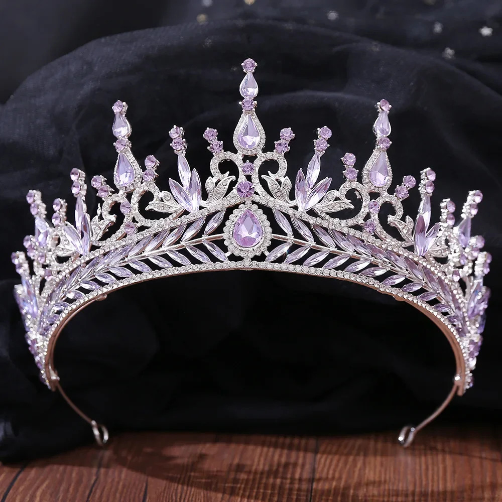 Silver Color Purple Crystal Crowns Bridal Tiaras Fashion Queen Rhinestone Diadem Headpiece Wedding Hair Jewelry Accessories Gift 240713