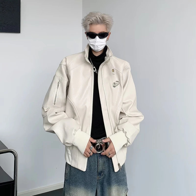 Punk Leather Jacket Mens Spring Standing Collar Trendy High Street Coats Y2k Streetwear Hip Hop Motorcycle Outwear 240716