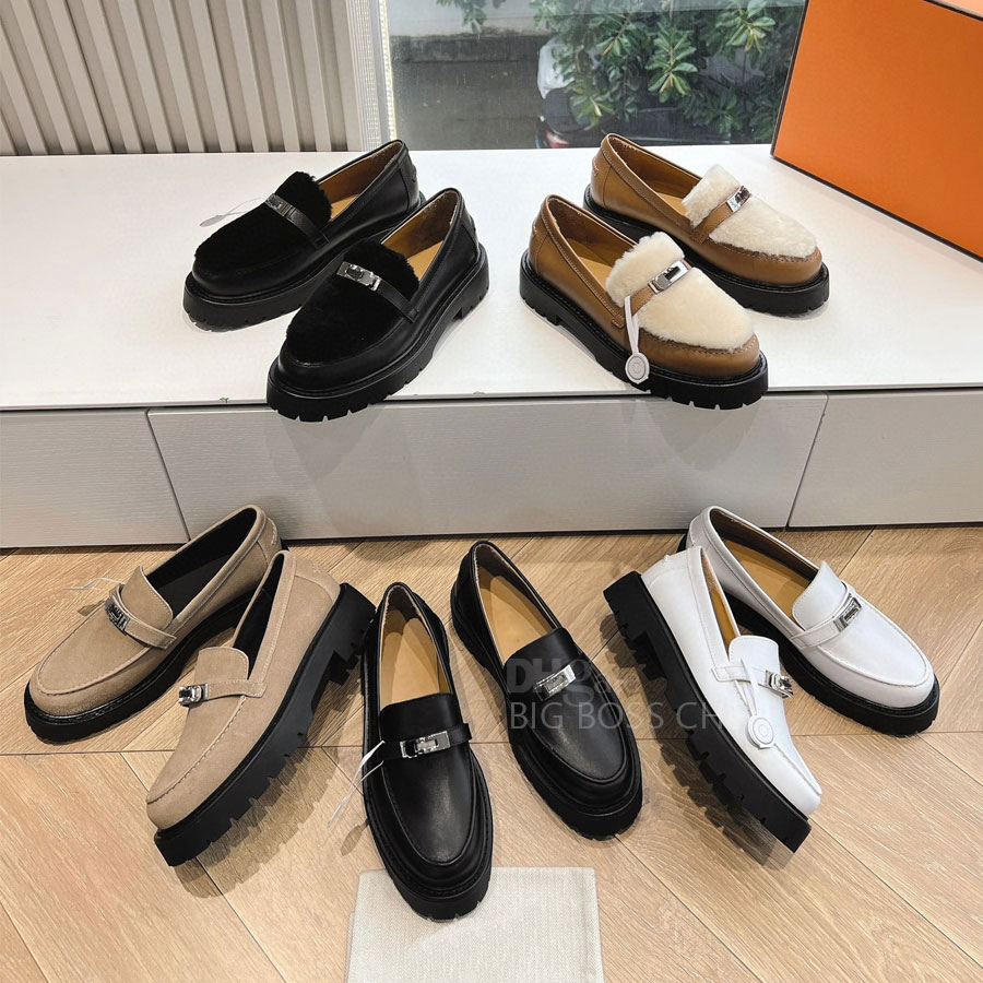 Top quality Classic Silver buckle Platform loafers womens Flat heel Dress shoes Slip-On shoes Luxury designer loafers for womens Vacation shoes Factory footwear