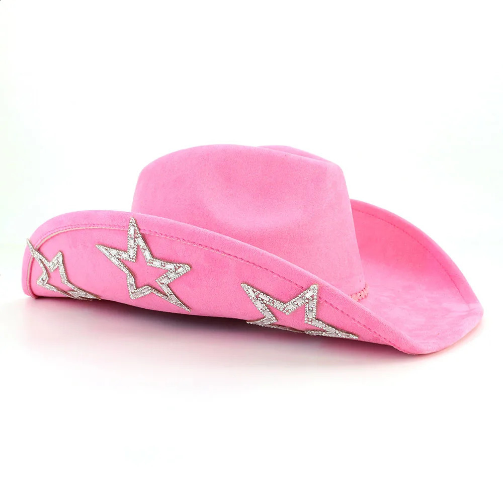 Suede Top Hat Fascinator Roll Brim Jazz Fedora Hat Men Women Rhinestone Five-Pointed Star Western Pink Cowboy Hat Cowgirl Cap 240717