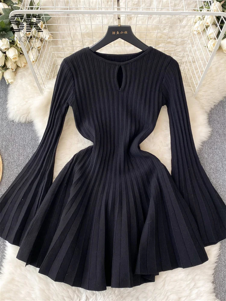 SINGREINY Elegant Knit Pleated Mini Dress Women Soft Ribbed Solid Flare Sleeve Fashion Lady Casual Sweater Slim Dresses 240712