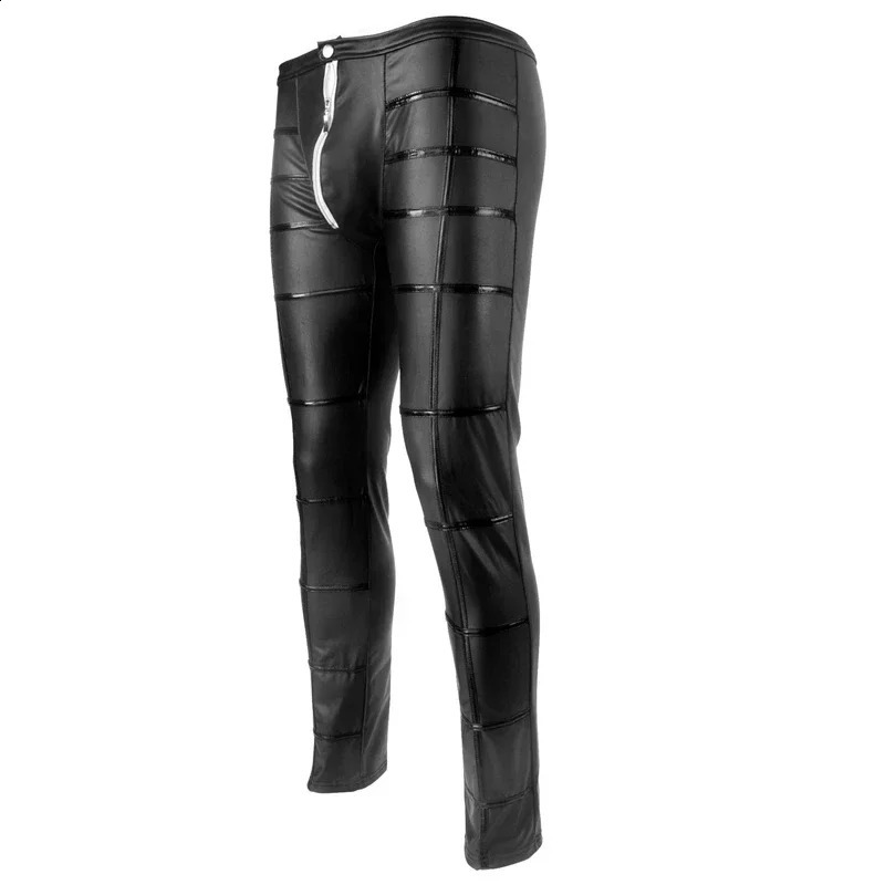 Men Sexy Wetlook Faux Leather Lingerie Exotic Pants PU Latex Catsuit zipper crotch PVC Clubwear gay fetish leggings zentai 240711