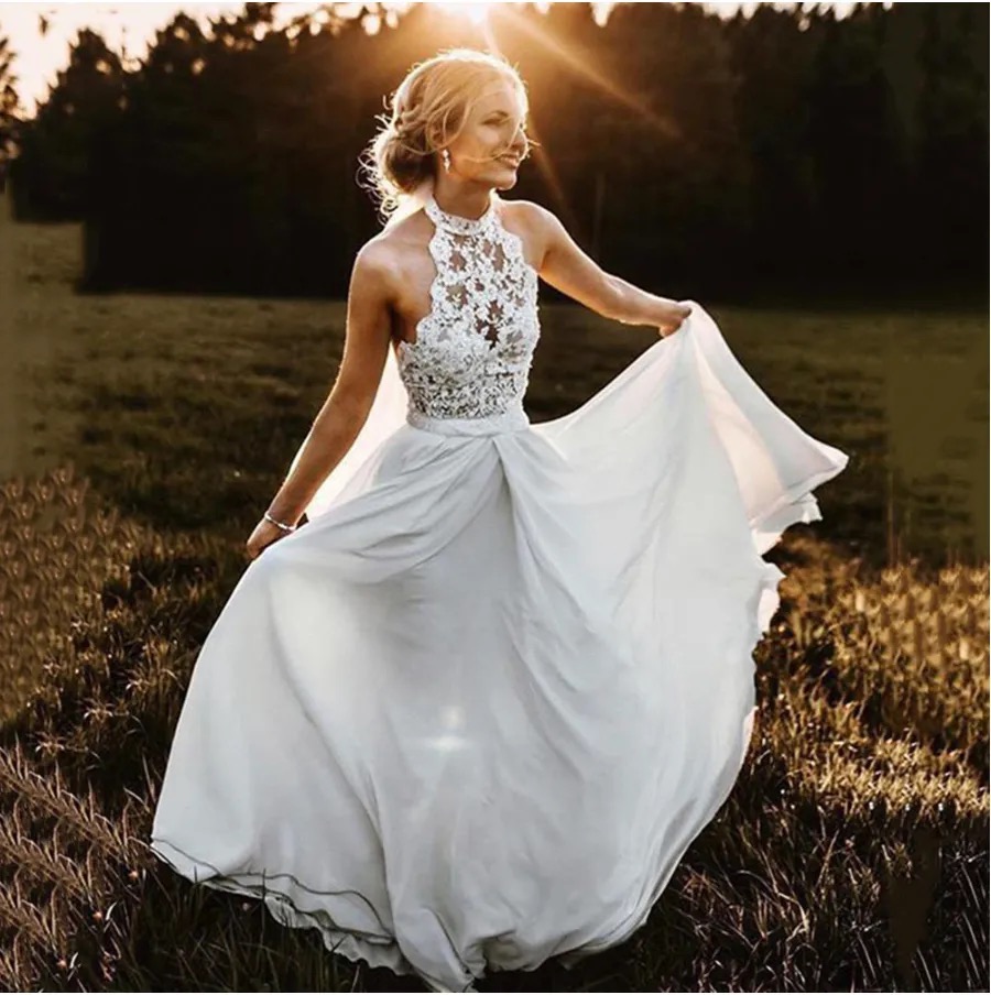 White Wedding Dresses Ivory Bridal Gowns Formal A Line Custom Zipper Lace Up Plus Size New Applique High Neck Sleeveless Chiffon Pleat