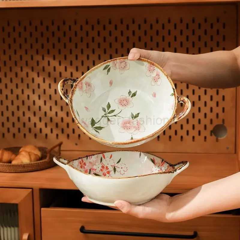 Japanese Household Noodle Bowl 7.5inch Ceramic Soup Bowl With Handle Salad Pasta Bowl Kitchen Tableware Microwave Oven BakwareB240727