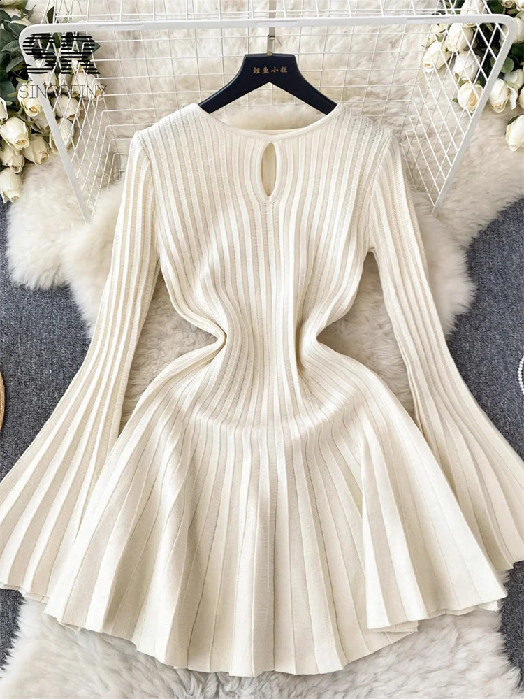 SINGREINY Elegant Knit Pleated Mini Dress Women Soft Ribbed Solid Flare Sleeve Fashion Lady Casual Sweater Slim Dresses 240712