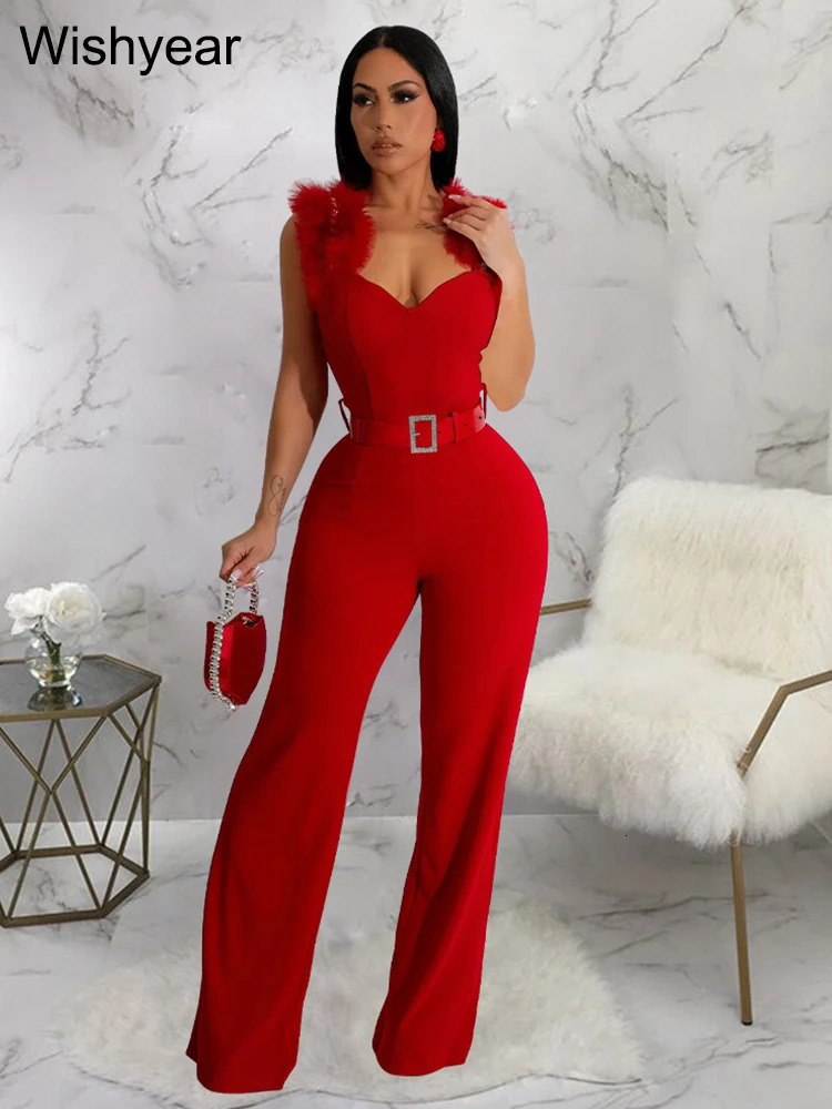 year Elegant Ostrich Shoulder Sweetheart Collar with Belt Sexy Party Club Jumpsuit Women One Piece Suit Birthday Playsuits 240715