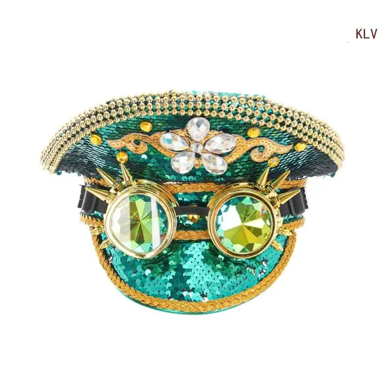 Sequins Bride Hat for Sailing Party Glitter Captain Cap Music Festival Women Cosplay Cap Goggle Captain Hat 6XDA 240715