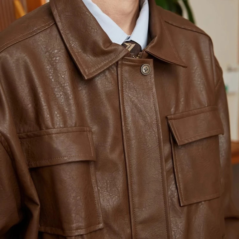 Japanese Mens Leather Jacket Harajuku Retro Motorcycle Loose Couple Coat Big Pocket Lapel Bomber Outwear Y2k Trend 240716